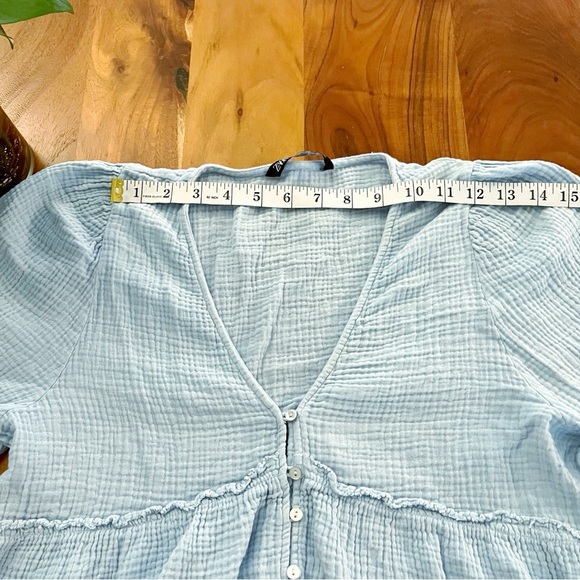 ZARA Blue Pastel Babydoll Cotton V Neck Button Front Long Sleeves Blouse Top. - Picture 7 of 11